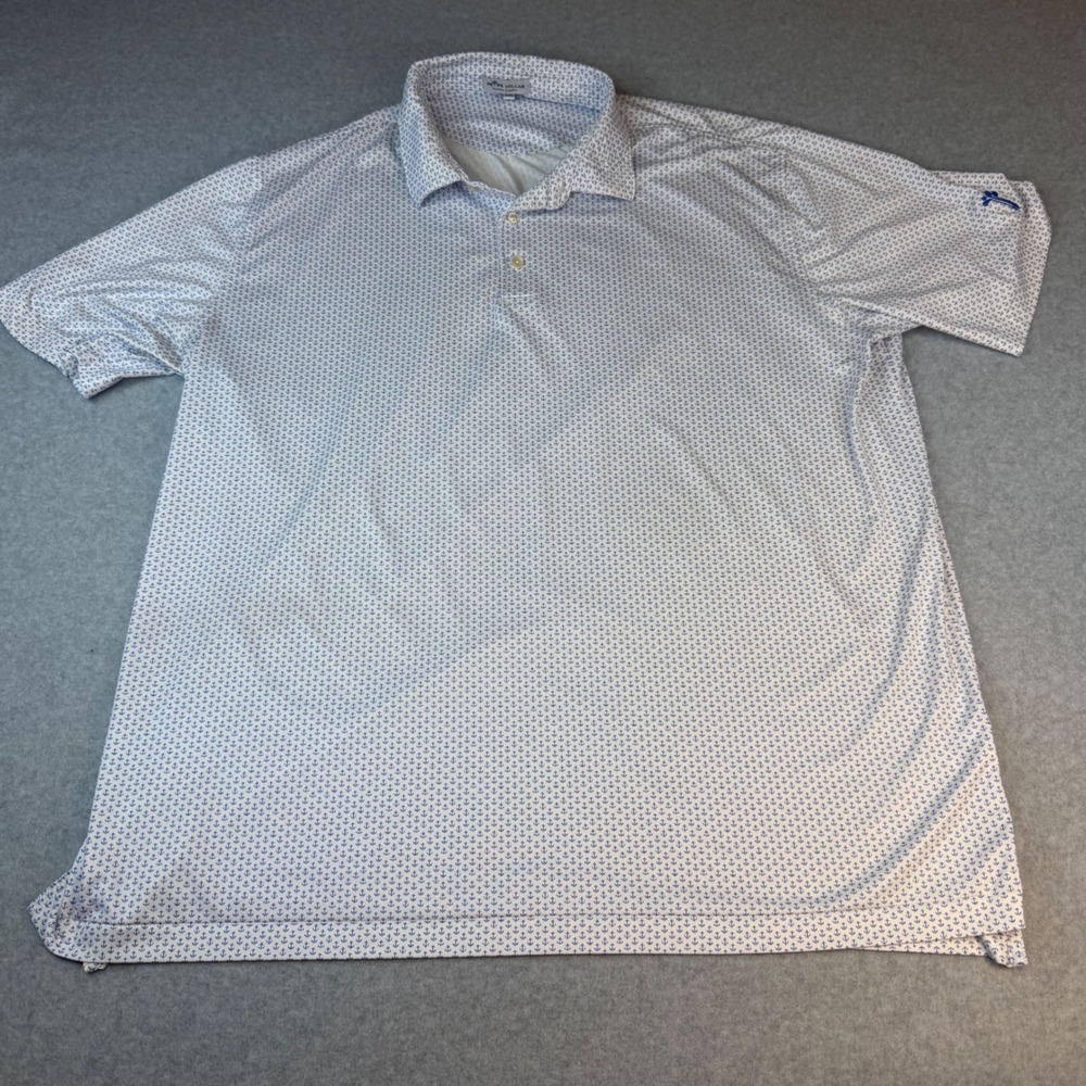 Peter Millar Summer Comfort Mens XXL Polo Shirt White Blue Anchor Print Golf Top
